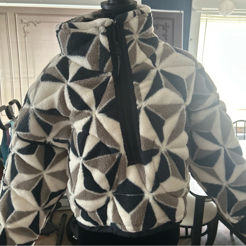 FP Movement by Free People Geometric Fleece Pullover - Black, Tan, White